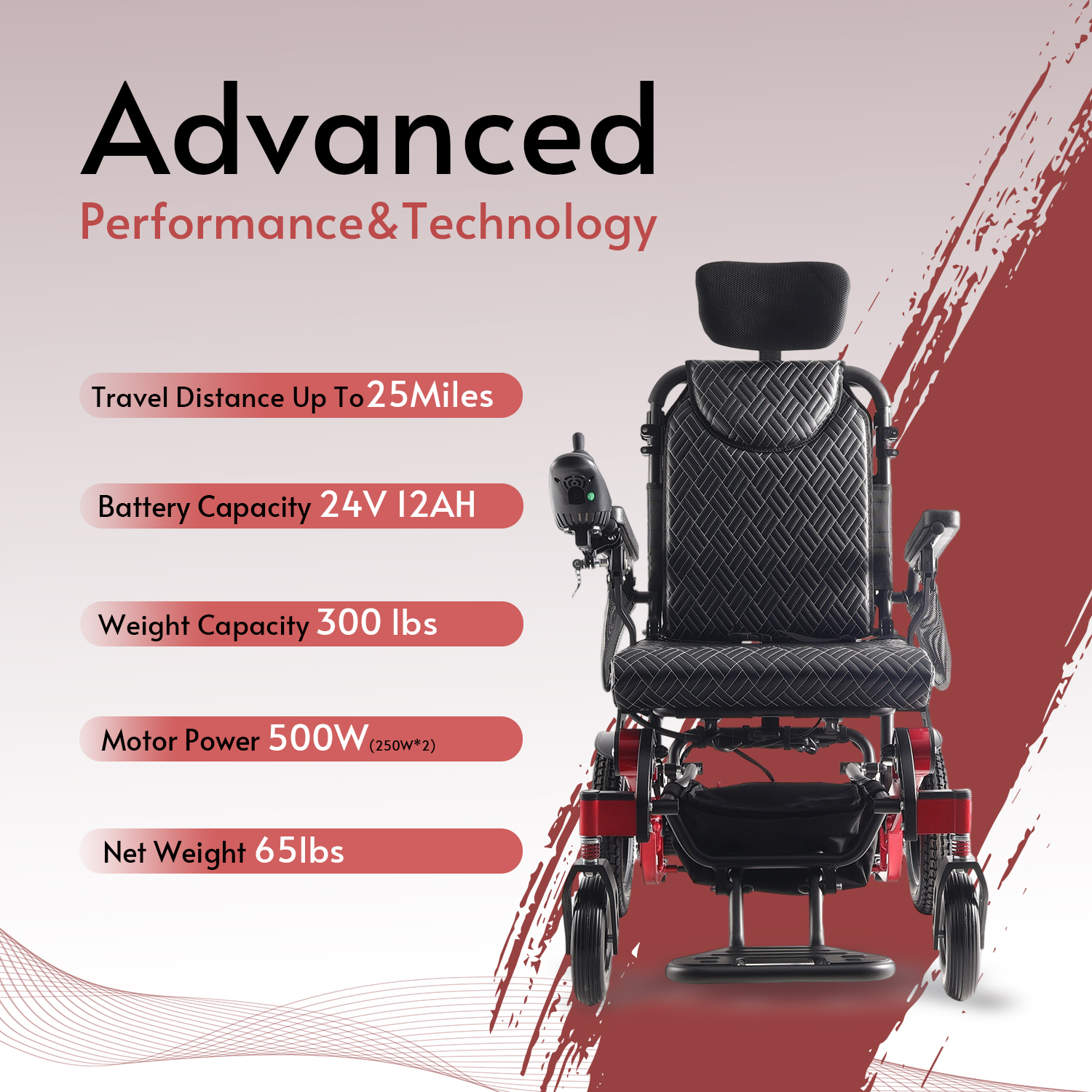 SHAWK (Red)-Reclining Folding Lightweight Electric Wheelchair 500W Motor,330 lbs-13 miles - Image 2